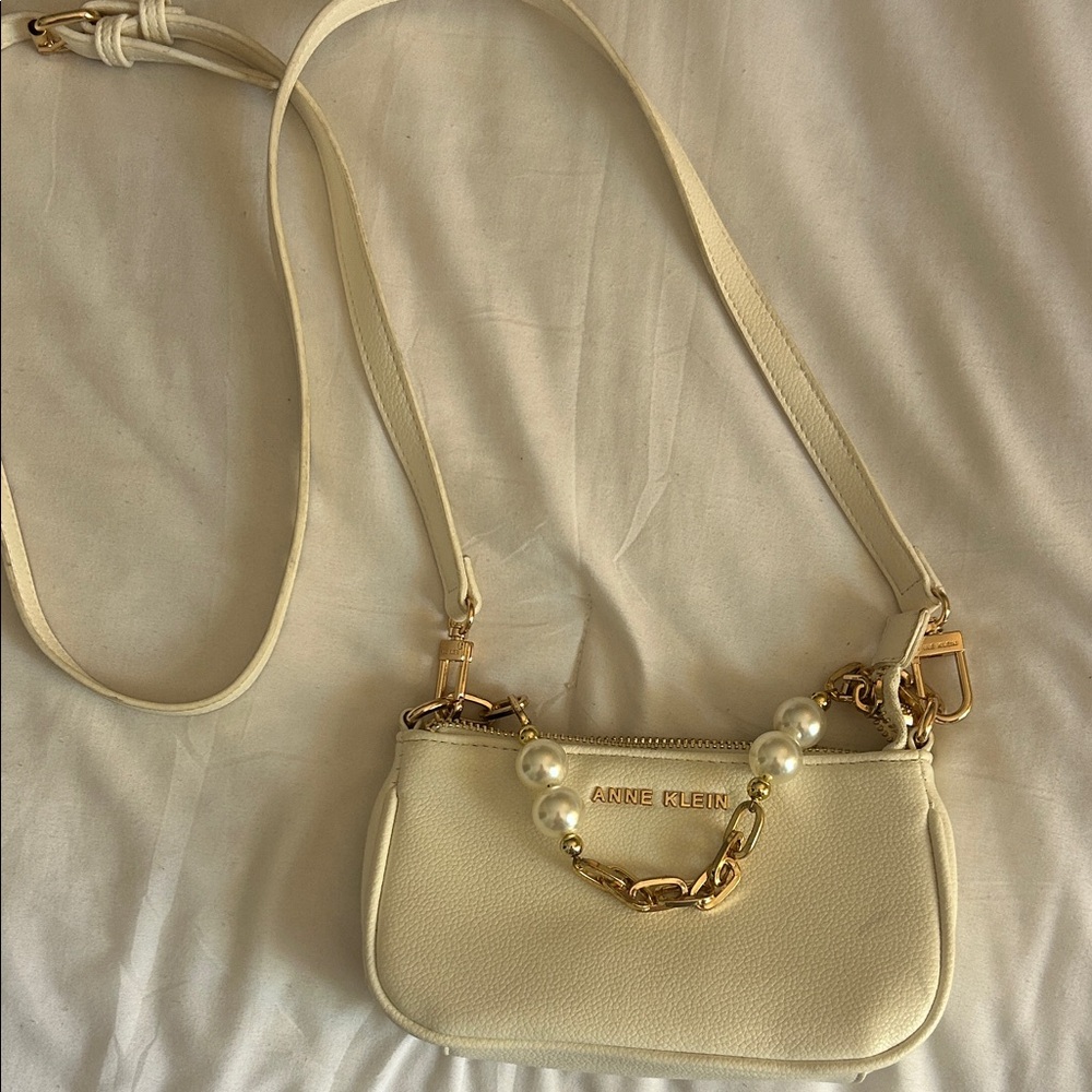 Anne Klein Ivory Crossbody Bag with Pearl Chain